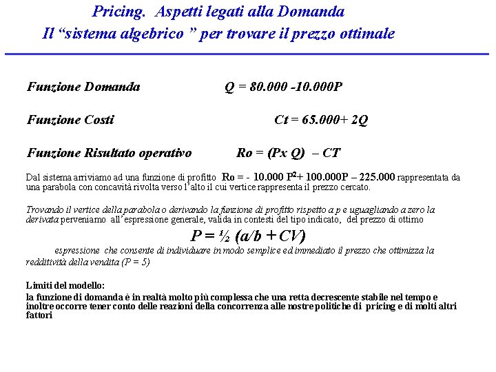 Pricing. Aspetti legati alla Domanda Il “sistema algebrico ” per trovare il prezzo ottimale