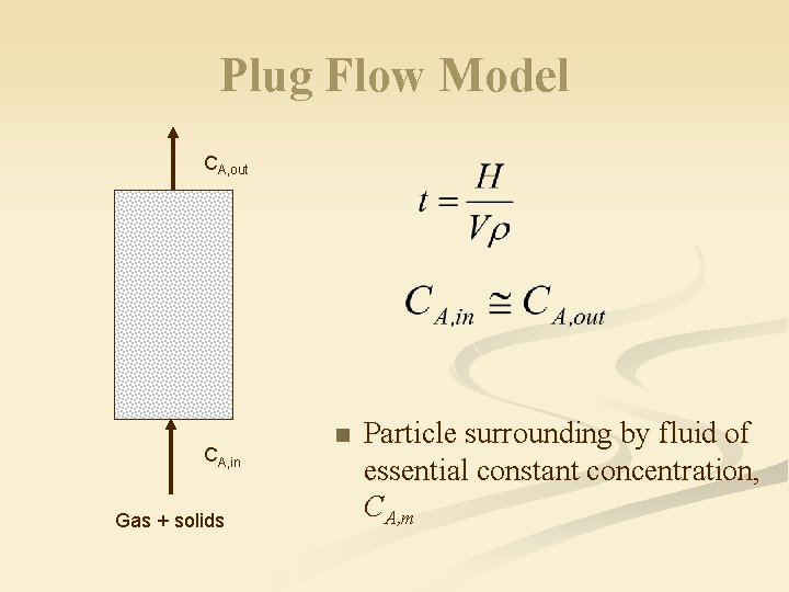 Plug Flow Model CA, out CA, in Gas + solids n Particle surrounding by