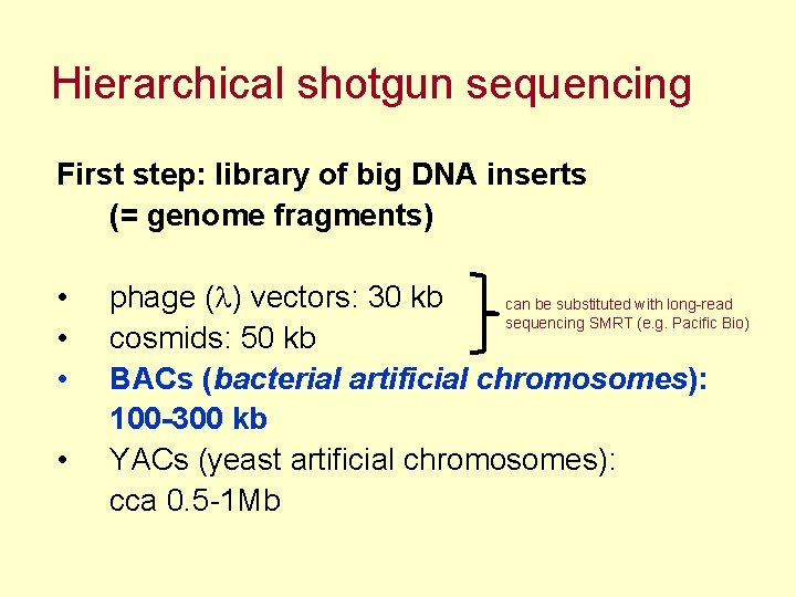 Hierarchical shotgun sequencing First step: library of big DNA inserts (= genome fragments) •