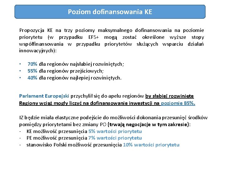 Poziom dofinansowania KE Propozycja KE na trzy poziomy maksymalnego dofinansowania na poziomie priorytetu (w