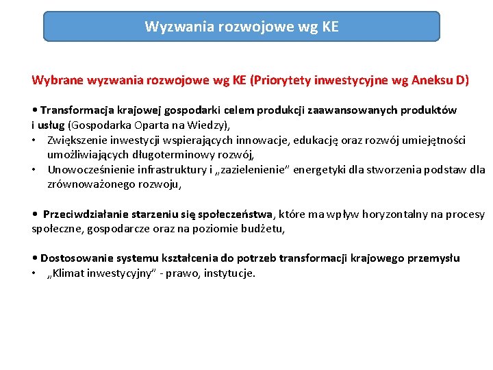 Wyzwania rozwojowe wg KE Wybrane wyzwania rozwojowe wg KE (Priorytety inwestycyjne wg Aneksu D)