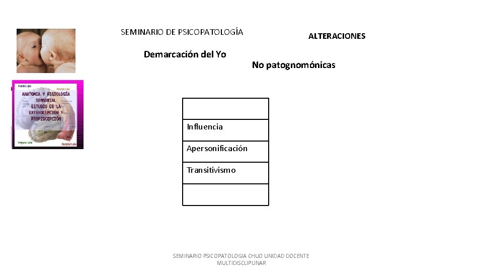 SEMINARIO DE PSICOPATOLOGÍA Demarcación del Yo ALTERACIONES No patognomónicas Autismo Influencia Apersonificación Transitivismo SEMINARIO