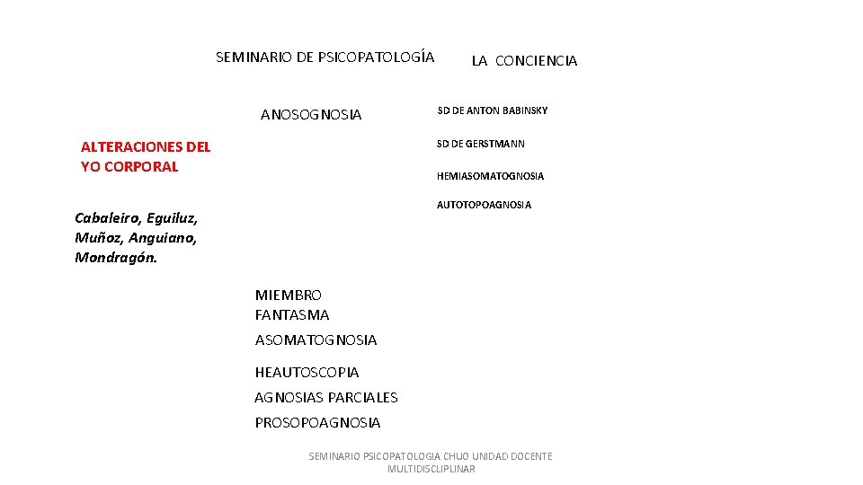 SEMINARIO DE PSICOPATOLOGÍA ANOSOGNOSIA ALTERACIONES DEL YO CORPORAL LA CONCIENCIA SD DE ANTON BABINSKY