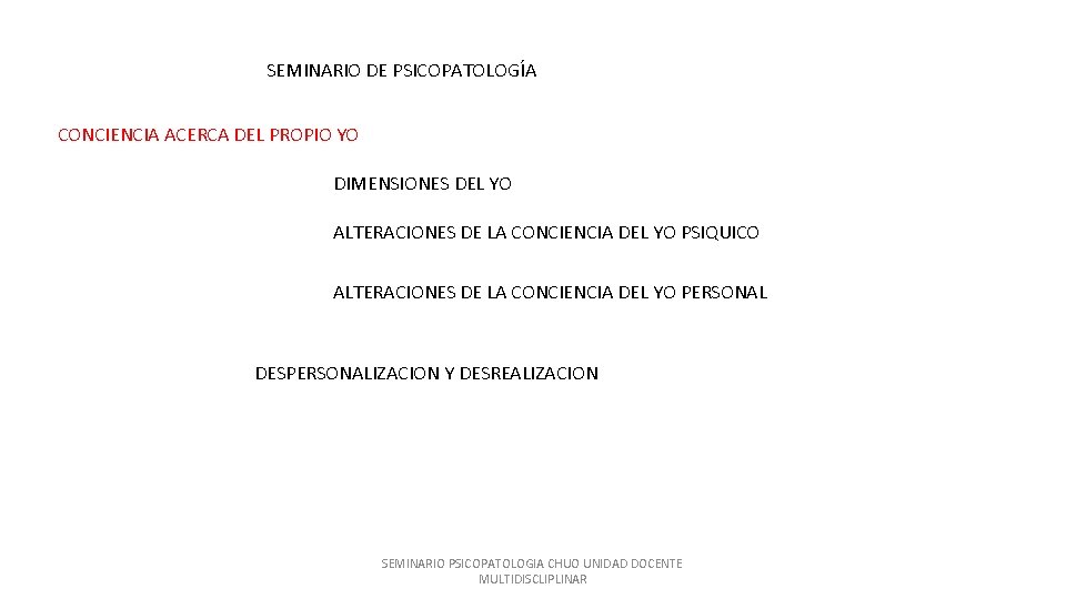 SEMINARIO DE PSICOPATOLOGÍA CONCIENCIA ACERCA DEL PROPIO YO DIMENSIONES DEL YO ALTERACIONES DE LA