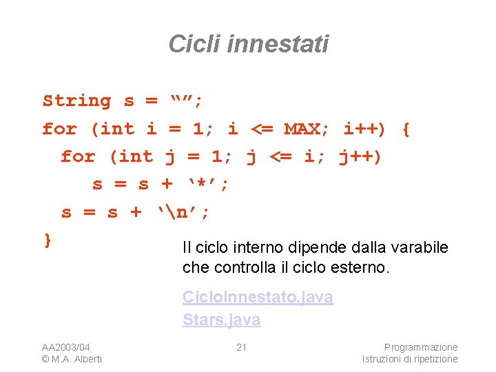 Cicli innestati String s = “”; for (int i = 1; i <= MAX;