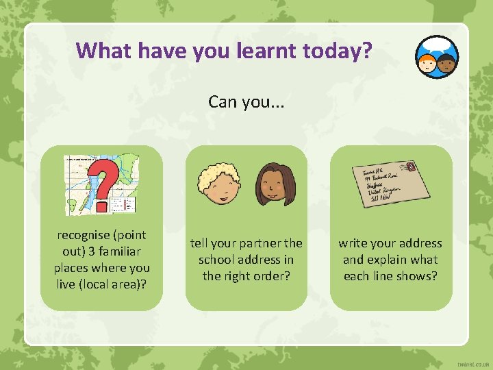 What have you learnt today? Can you. . . recognise (point out) 3 familiar