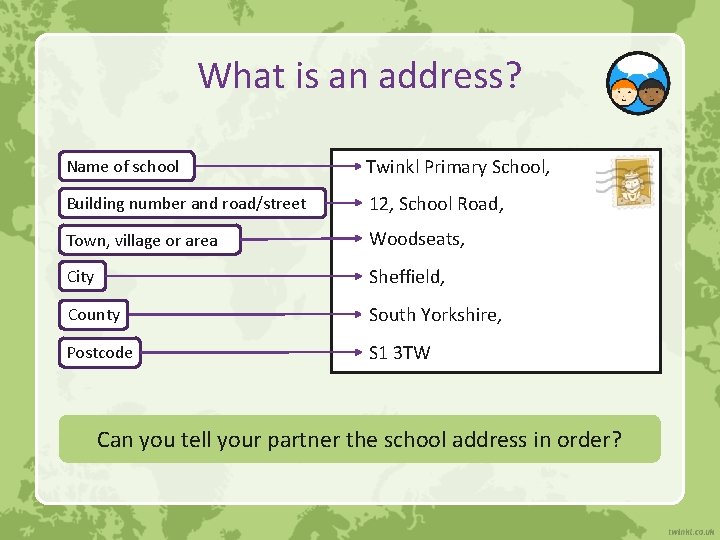 What is an address? Name of school Twinkl Primary School, Building number and road/street