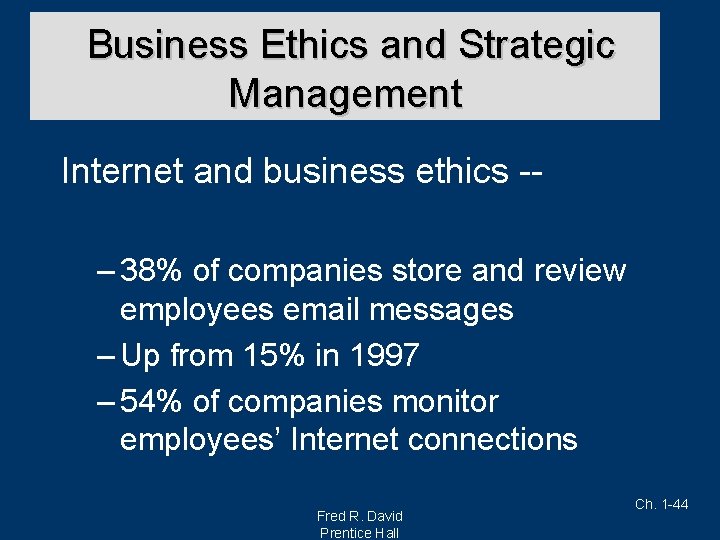 Business Ethics and Strategic Management Internet and business ethics -– 38% of companies store