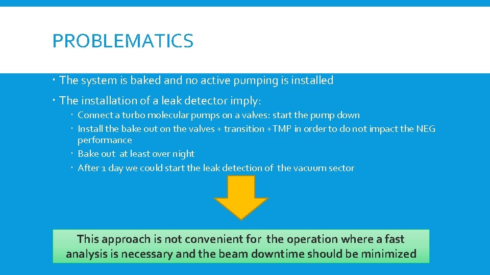 PROBLEMATICS The system is baked and no active pumping is installed The installation of