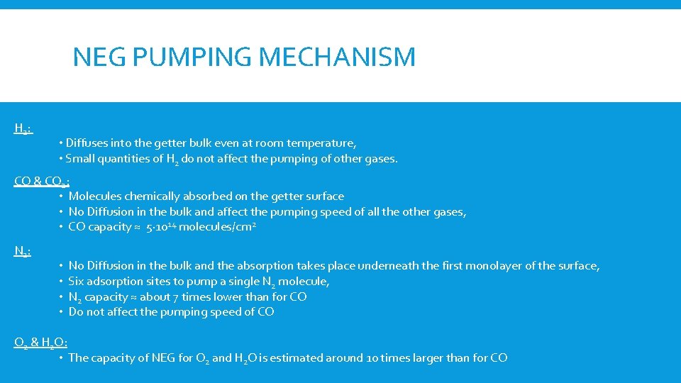 NEG PUMPING MECHANISM H 2: • Diffuses into the getter bulk even at room