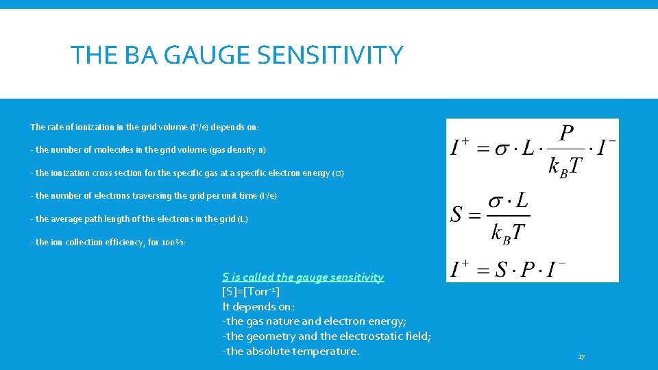 THE BA GAUGE SENSITIVITY The rate of ionization in the grid volume (I+/e) depends