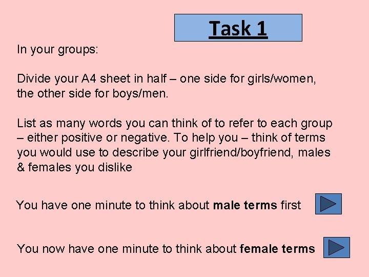 Task 1 In your groups: Divide your A 4 sheet in half – one