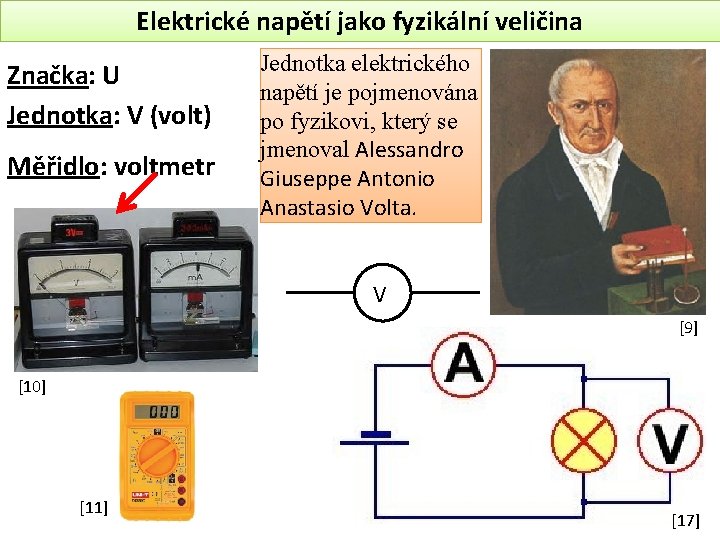 Elektrické napětí jako fyzikální veličina Značka: U Jednotka: V (volt) Měřidlo: voltmetr Jednotka elektrického