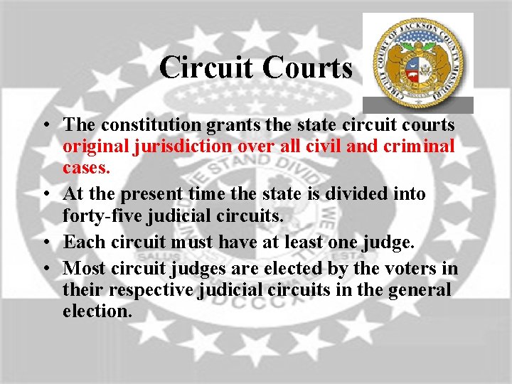 Circuit Courts • The constitution grants the state circuit courts original jurisdiction over all