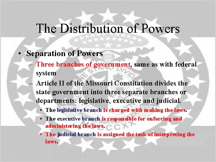 The Distribution of Powers • Separation of Powers – Three branches of government, same