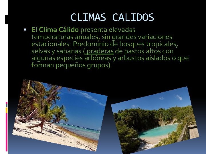 CLIMAS CALIDOS El Clima Cálido presenta elevadas temperaturas anuales, sin grandes variaciones estacionales. Predominio