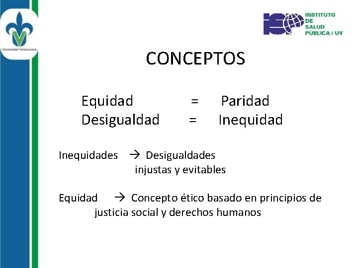 CONCEPTOS Equidad Desigualdad = = Paridad Inequidades Desigualdades injustas y evitables Equidad Concepto ético