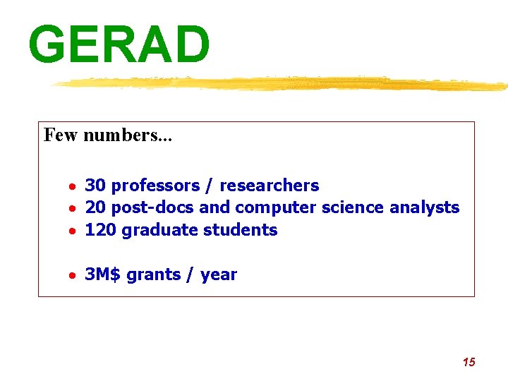 GERAD Few numbers. . . · 30 professors / researchers · 20 post-docs and