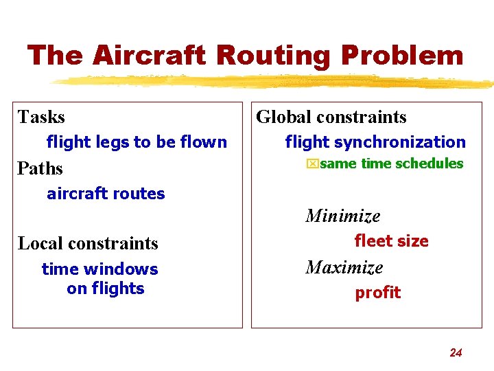The Aircraft Routing Problem Tasks flight legs to be flown Paths Global constraints flight