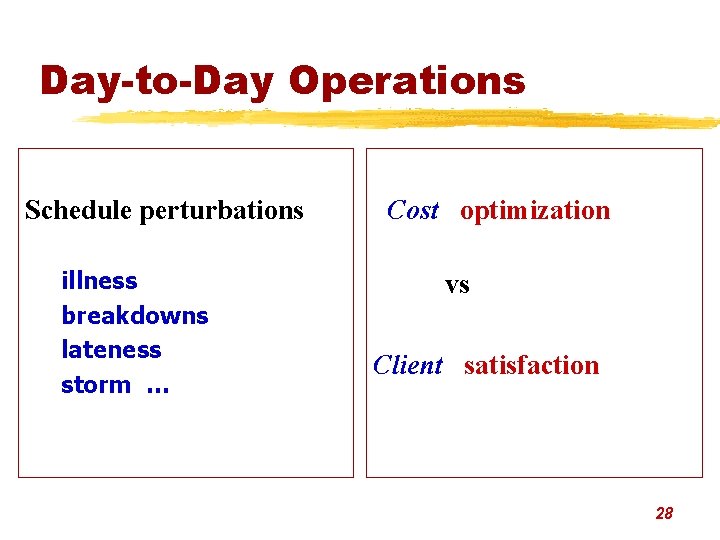 Day-to-Day Operations Schedule perturbations Cost optimization illness breakdowns lateness storm … vs Client satisfaction