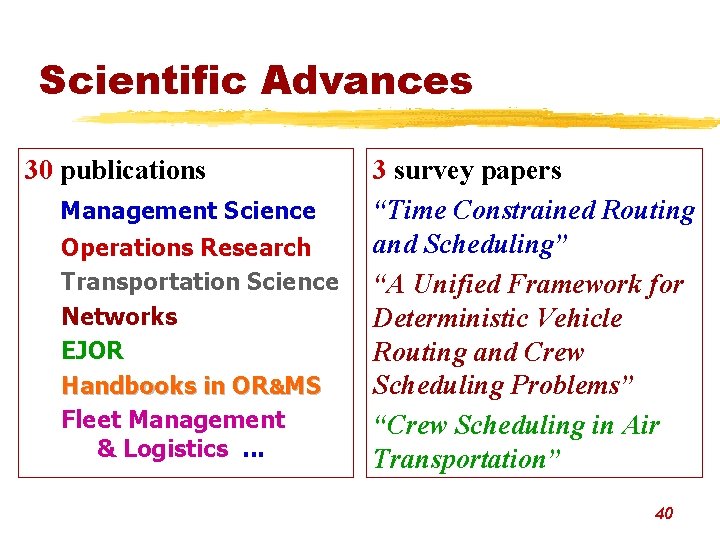 Scientific Advances 30 publications Management Science Operations Research Transportation Science Networks EJOR Handbooks in