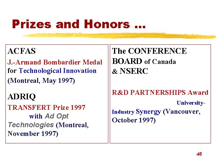 Prizes and Honors. . . ACFAS The CONFERENCE J. -Armand Bombardier Medal BOARD of