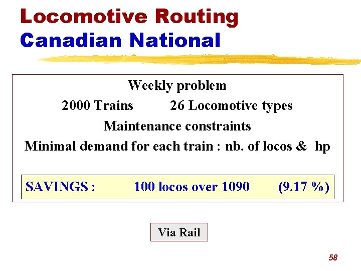 Locomotive Routing Canadian National Weekly problem 2000 Trains 26 Locomotive types Maintenance constraints Minimal
