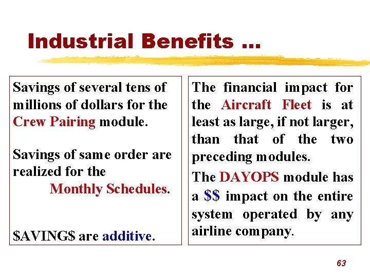 Industrial Benefits. . . Savings of several tens of millions of dollars for the