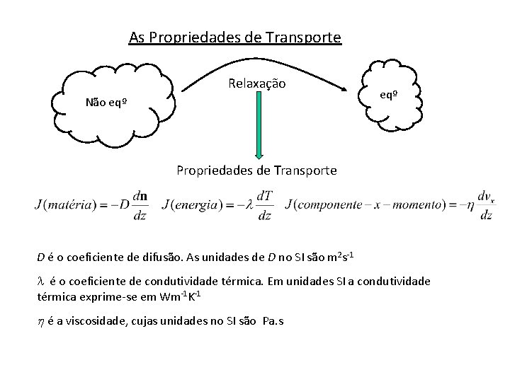 As Propriedades de Transporte Relaxação Não eqº Propriedades de Transporte D é o coeficiente