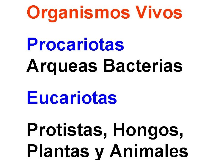 Organismos Vivos Procariotas Arqueas Bacterias Eucariotas Protistas, Hongos, Plantas y Animales 