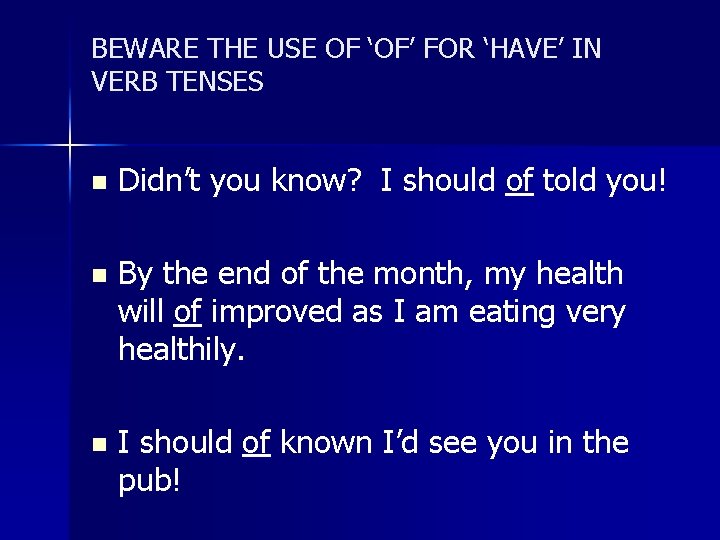 BEWARE THE USE OF ‘OF’ FOR ‘HAVE’ IN VERB TENSES n Didn’t you know?