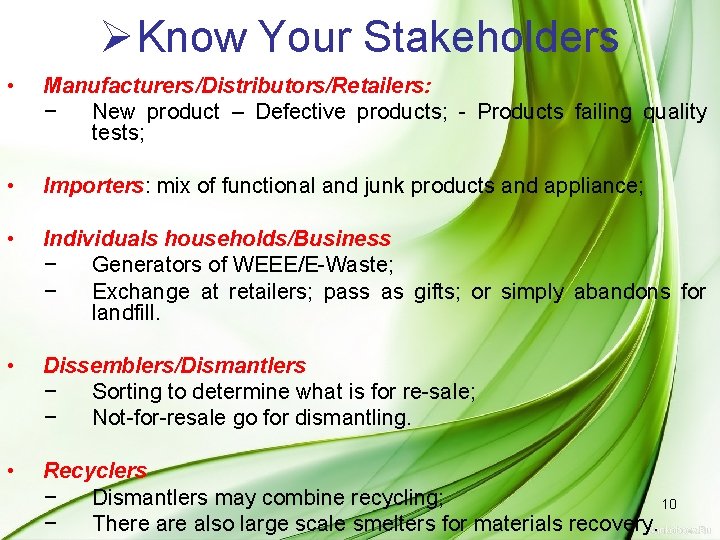ØKnow Your Stakeholders • Manufacturers/Distributors/Retailers: − New product – Defective products; - Products failing