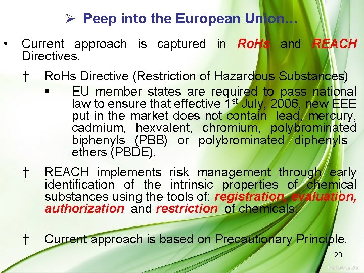 Ø Peep into the European Union… • Current approach is captured in Ro. Hs