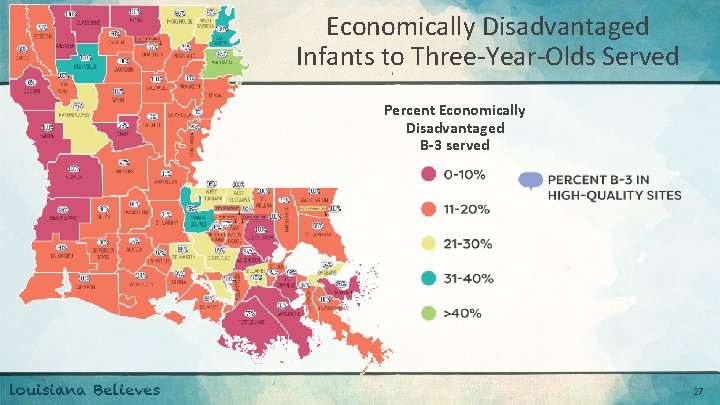 Economically Disadvantaged Infants to Three-Year-Olds Served Percent Economically Disadvantaged B-3 served 27 