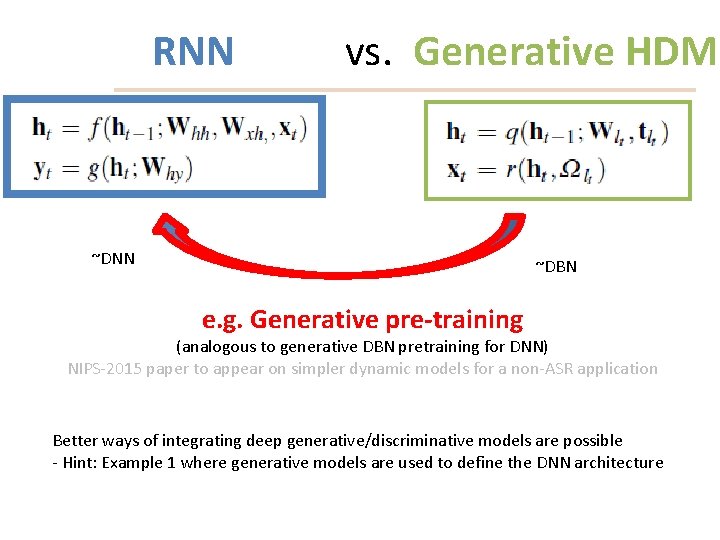 RNN vs. Generative HDM ~DNN ~DBN e. g. Generative pre-training (analogous to generative DBN