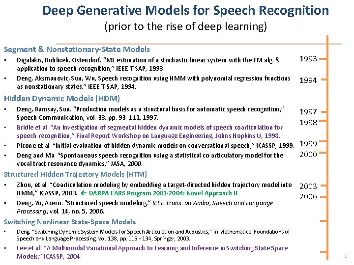 Deep Generative Models for Speech Recognition (prior to the rise of deep learning) Segment