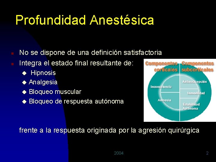 Profundidad Anestésica n n No se dispone de una definición satisfactoria Integra el estado