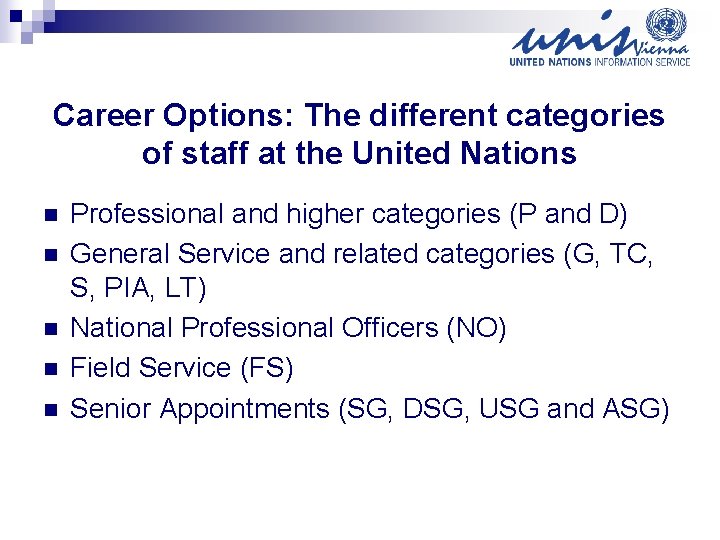 Career Options: The different categories of staff at the United Nations n n n