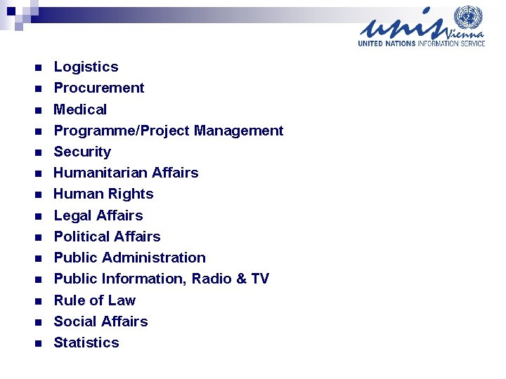 n n n n Logistics Procurement Medical Programme/Project Management Security Humanitarian Affairs Human Rights