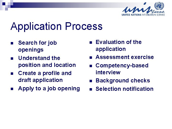 Application Process n n Search for job openings Understand the position and location Create