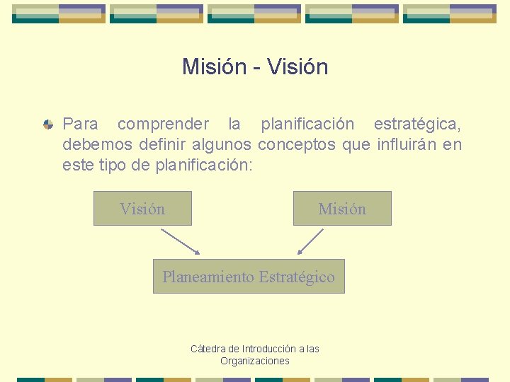 Misión - Visión Para comprender la planificación estratégica, debemos definir algunos conceptos que influirán