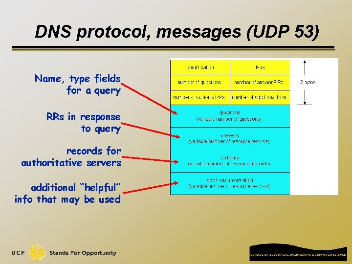 DNS protocol, messages (UDP 53) Name, type fields for a query RRs in response DNS protocol, messages (UDP 53) Name, type fields for a query RRs in response