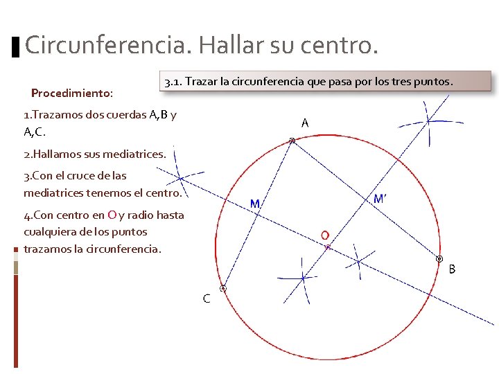 Circunferencia. Hallar su centro. Procedimiento: 3. 1. Trazar la circunferencia que pasa por los