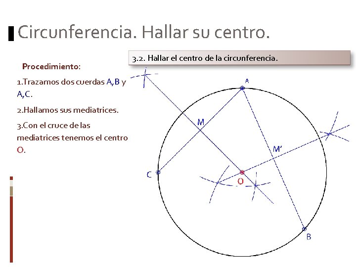 Circunferencia. Hallar su centro. Procedimiento: 1. Trazamos dos cuerdas A, B y A, C.