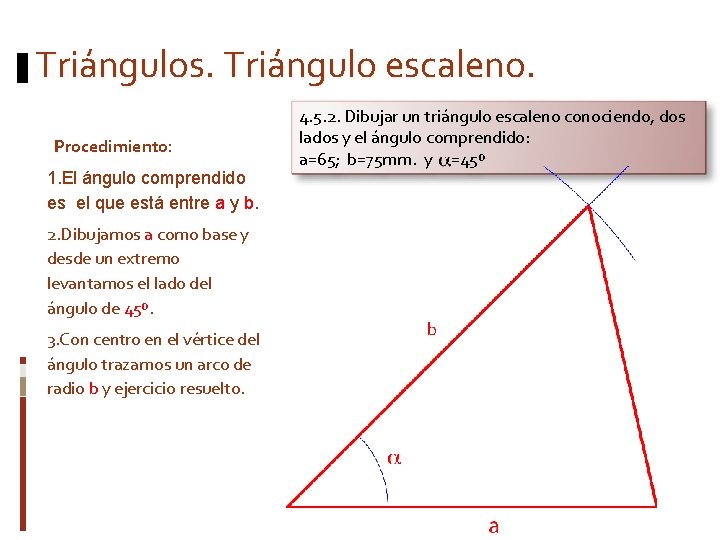 Triángulos. Triángulo escaleno. Procedimiento: 1. El ángulo comprendido es el que está entre a