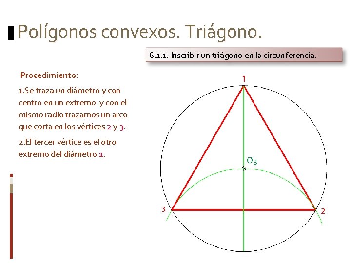 Polígonos convexos. Triágono. 6. 1. 1. Inscribir un triágono en la circunferencia. Procedimiento: 1.