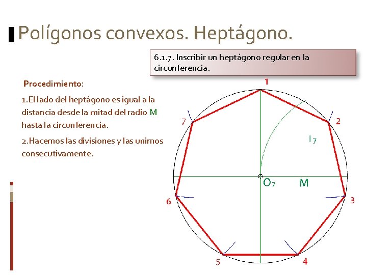 Polígonos convexos. Heptágono. 6. 1. 7. Inscribir un heptágono regular en la circunferencia. Procedimiento: