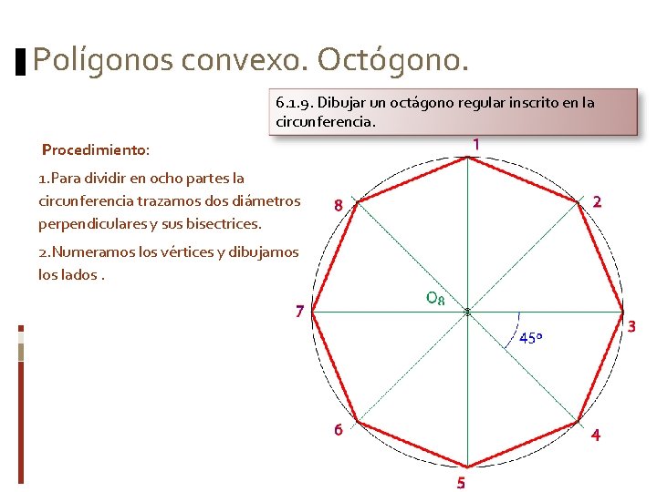 Polígonos convexo. Octógono. 6. 1. 9. Dibujar un octágono regular inscrito en la circunferencia.