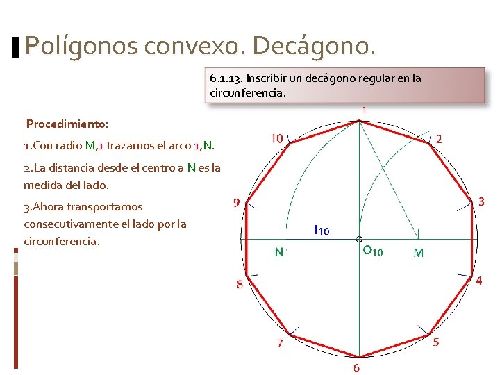 Polígonos convexo. Decágono. 6. 1. 13. Inscribir un decágono regular en la circunferencia. Procedimiento:
