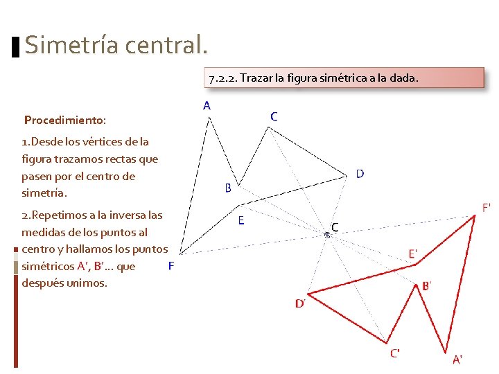 Simetría central. 7. 2. 2. Trazar la figura simétrica a la dada. Procedimiento: 1.